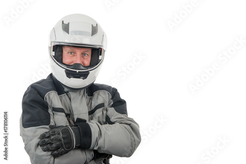 senior rider with white helmet isolated on the white background