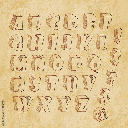3D cartoon hand drawn style letters typographic in retro vintage brown paper