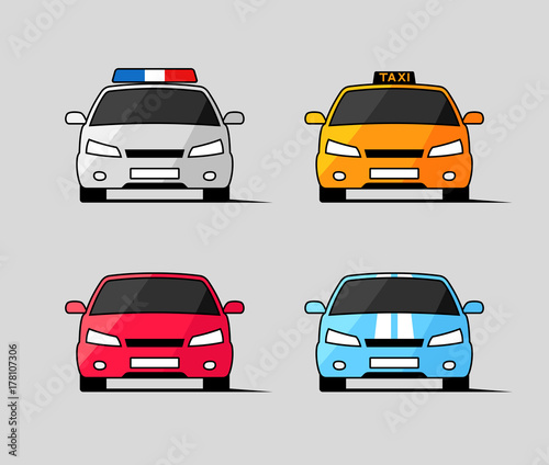 Car icons, front view of police, taxi and sports vehicles