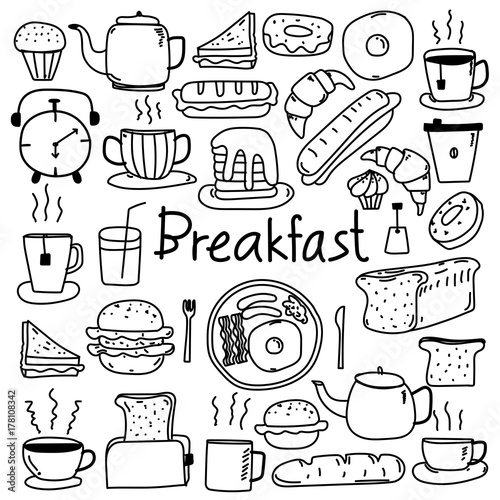Line Hand Drawn Doodle Vector Breakfast Set. Vector Illustration.	