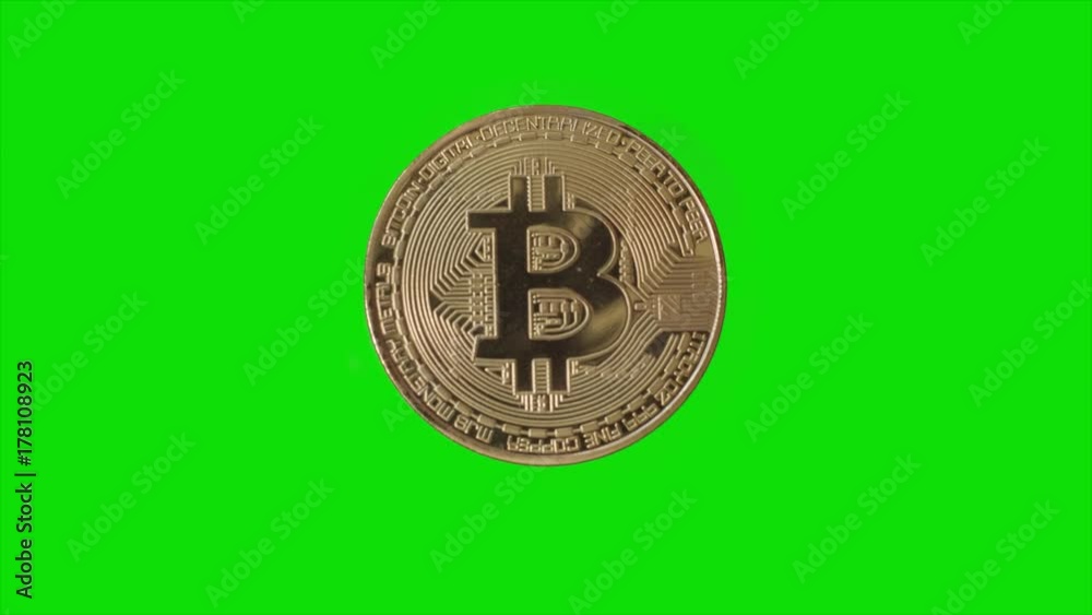 Real yellow coin Bitcoin on a green screen with variable lighting