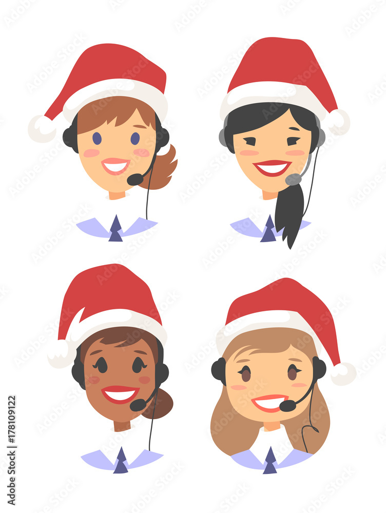 Portrait of happy smiling female customer support phone operator in Christmas hat. Callcenter worker with headset. Cartoon vector illustration woman agent