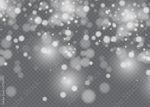 Vector falling snow effect isolated on transparent background with blurred bokeh.