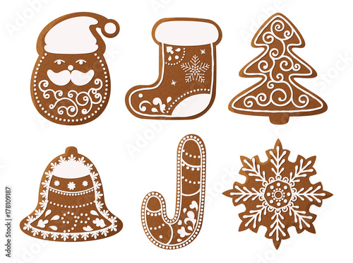 Set of christmas gingerbread decorated cookies. Christmas tree, snowflakes, gifts. Winter holidays. Vector Illustration EPS10.