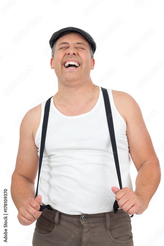 Funny man is wearing a white, suspenders and tank top. He wears a beret.  Retro, vintage. The old fashion. Italian.. Stock Photo | Adobe Stock