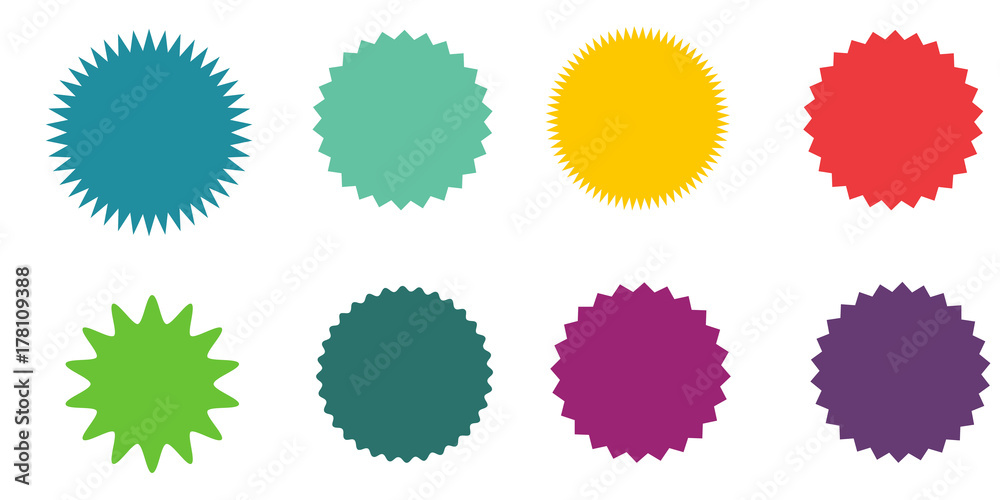 Set of vector starburst, sunburst badges.  Vintage labels. Colored stickers. A collection of different types and colors icon.