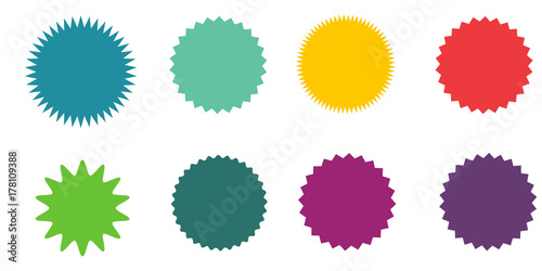 Set of vector starburst, sunburst badges.  Vintage labels. Colored stickers. A collection of different types and colors icon. photo