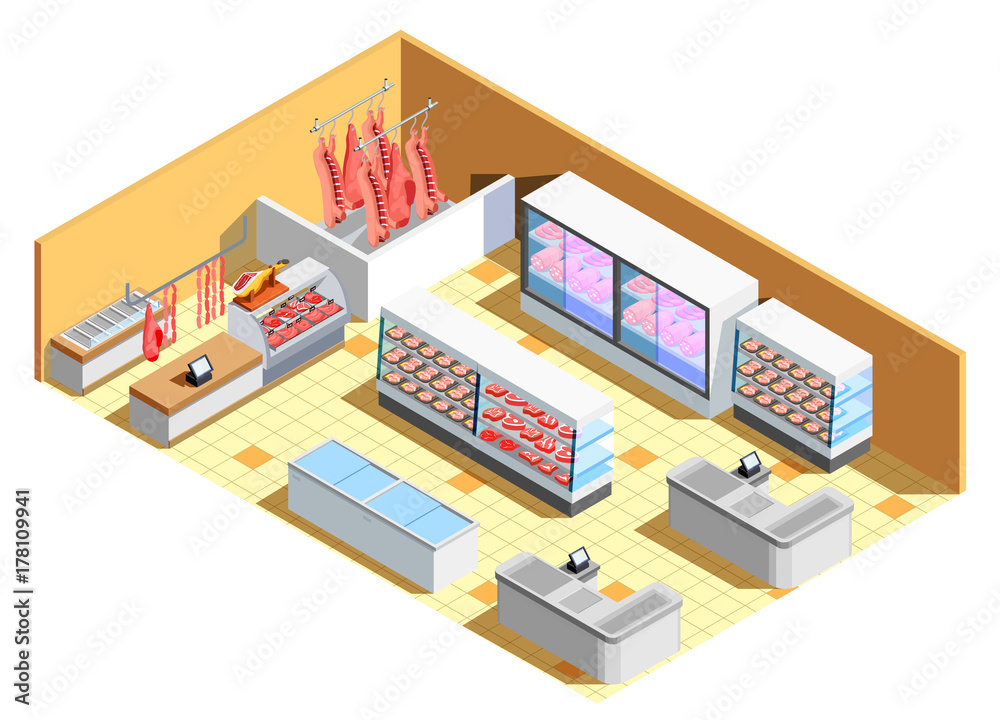 Butcher Shop Interior Isometric Composition