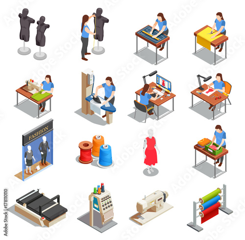 Sewing Factory Isometric Icons Set