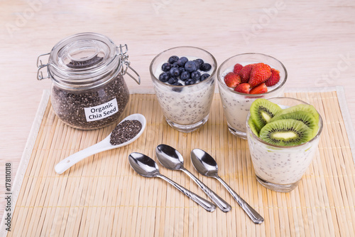 Chia seeds pudding with fresh fruits, healthy nutritious anti-oxidant superfood.