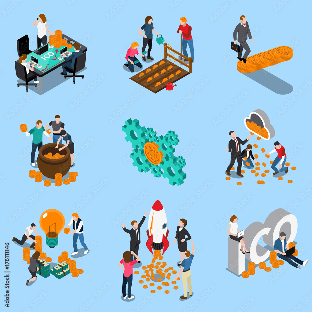 Initial Coin Offering Isometric Icons Initial Coin Offering Isometric Icons