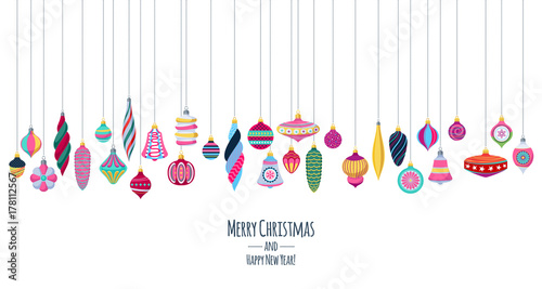 Colorful retro baubles background. Decorative christmas tree balls.