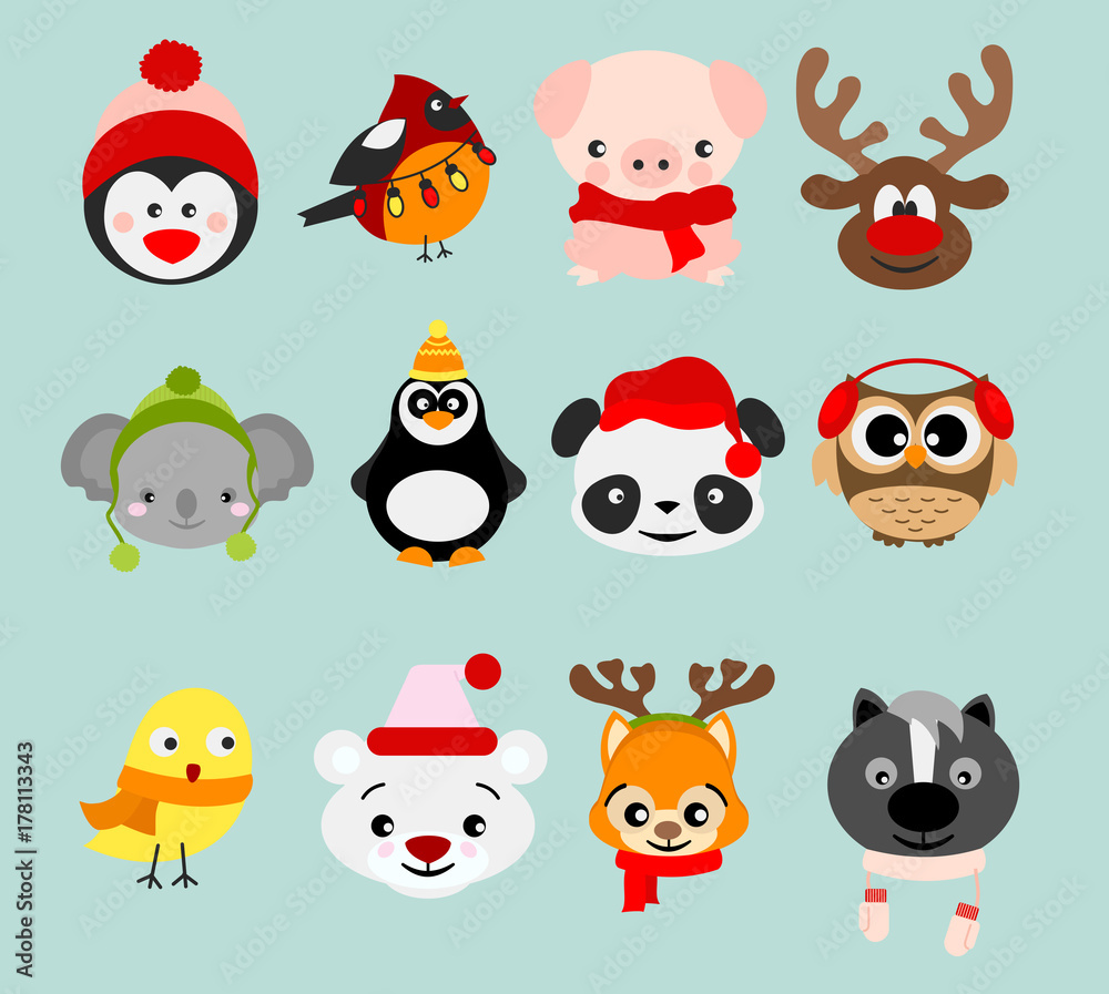 Vector illustration set of winter cute animals in Christmas costumes and  elements. Happy in winter and christmas animals in cartoon flat style.  Stock Vector | Adobe Stock
