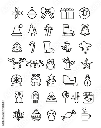 Vector illustration simple set of Christmas icons. New year and winter outline icons on white background.
