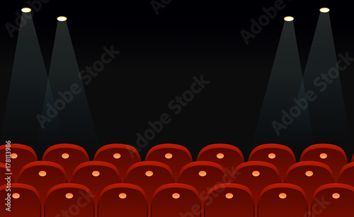 Vector illustration of cinema seats in front of black screen with place for text and lights space in flat style.