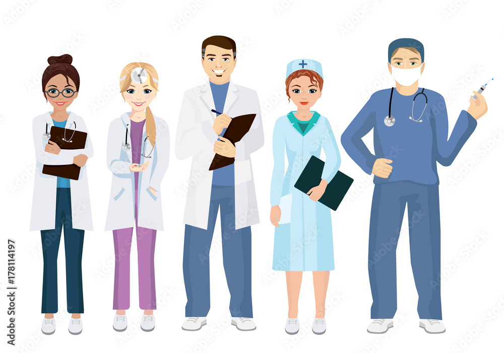 Vector illustration of team doctors on a white background in flat style. Woman and man doctors. Vector illustration of team doctors on a white background in flat style. Woman and man doctors.