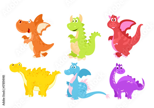 Vector illustration set of colorful funny dinosaurs in cartoon flat style.