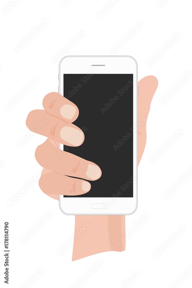 Vector illustration of hand holding white phone on white background in flat style.