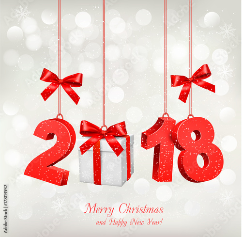 New Year Holiday background with a 2018 and a gift box. Vector.