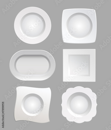 Vector illustration white plates set isolated on grey color background in realistic style.