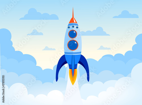Vector illustration concept of business start up of the space rocket. Rocket ship in the sky with clouds in flat design.