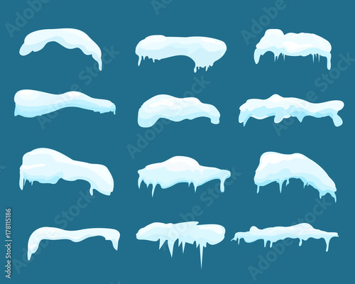 Vector illustration set of snow and ice vector frames. Winter snow caps, snowdrifts and icicles in cartoon flat style.