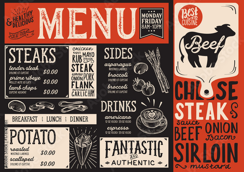 Steak menu restaurant, food template.