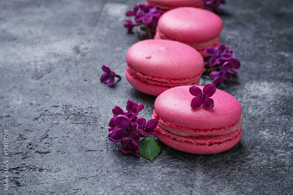 Pink macaroons and lilac. 