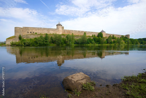 Ancient Ivangorod fortress on the Narva River in the August day. Ivangorod, Russia