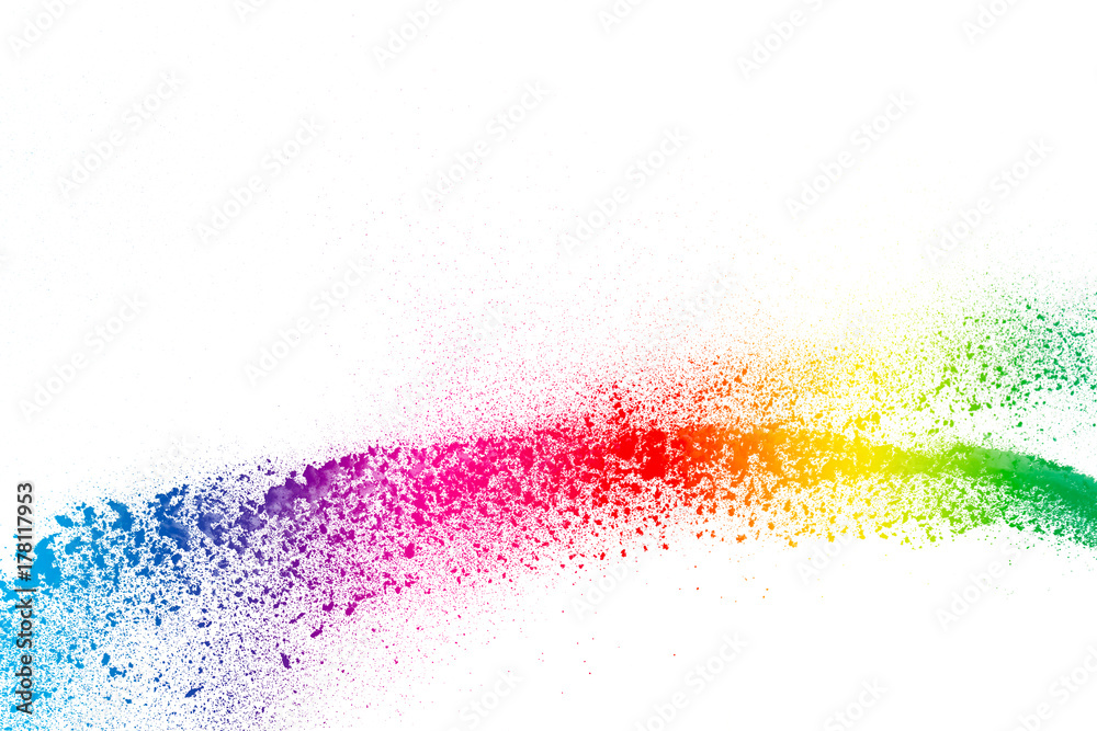 Explosion of colored powder isolated on white background.