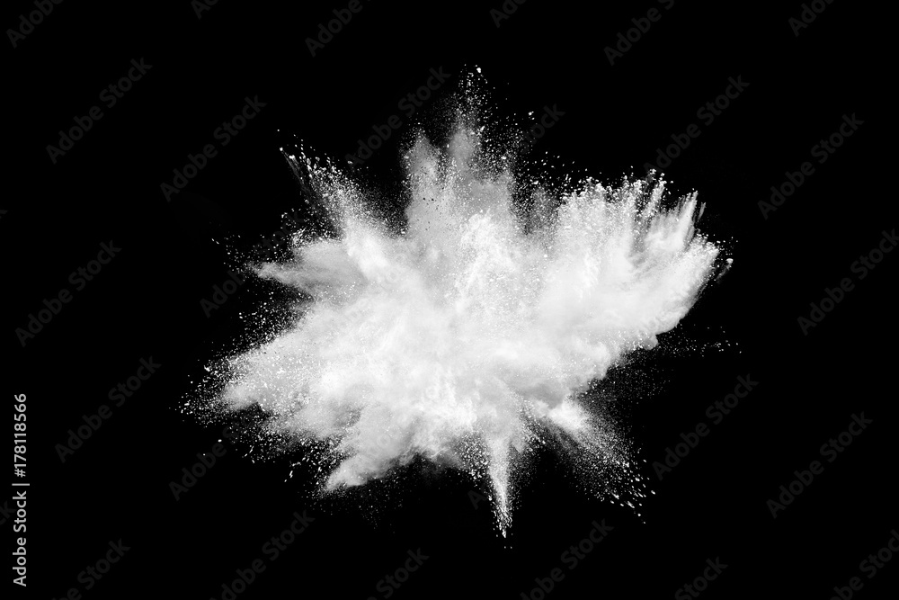 Explosion of white powder isolated on black background. - obrazy, fototapety, plakaty 