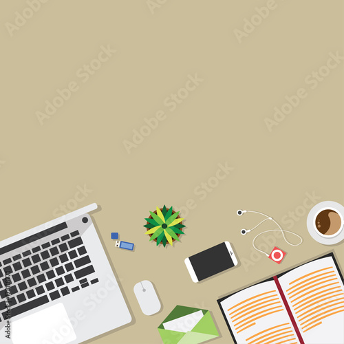 Top view of table working and working desk and free space for text with accessory on the table, laptop, notebook, phone, flash drive, pen, coffee cup, letter, flowerpot, note