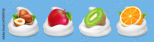 Fruit nuts in yogurt. Hazelnuts, kiwifruit, red apple, orange realistic vector icon