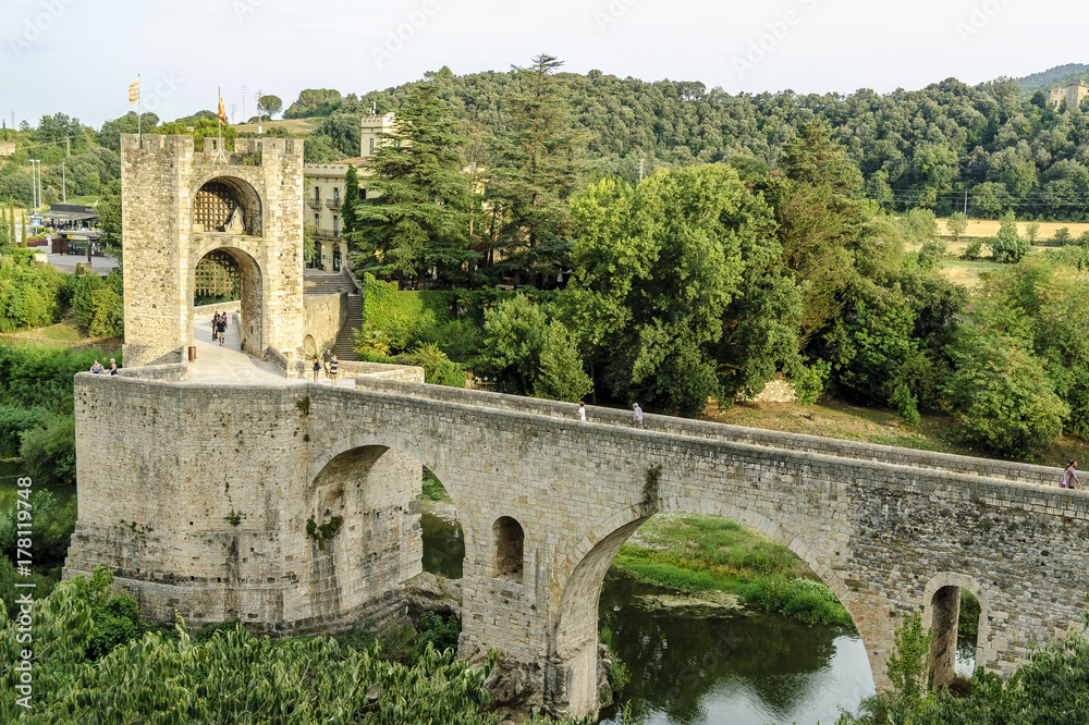 sight of the bridge of the medieval town of Besalu, Gerona, Spain.