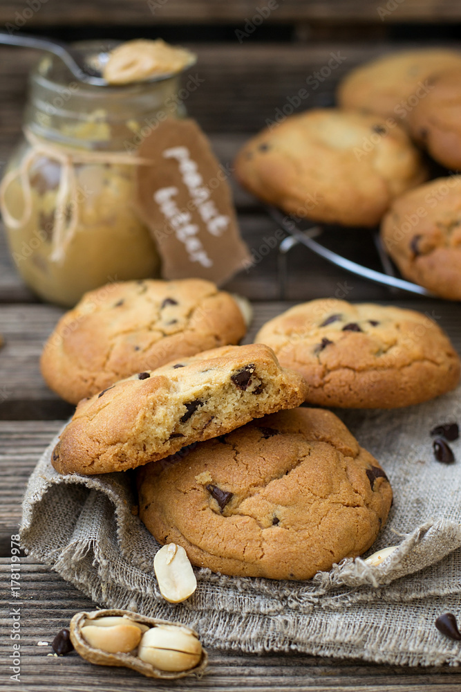 Peanut butter cookies with chocolate chips on wooden background Peanut butter cookies with chocolate chips on wooden background