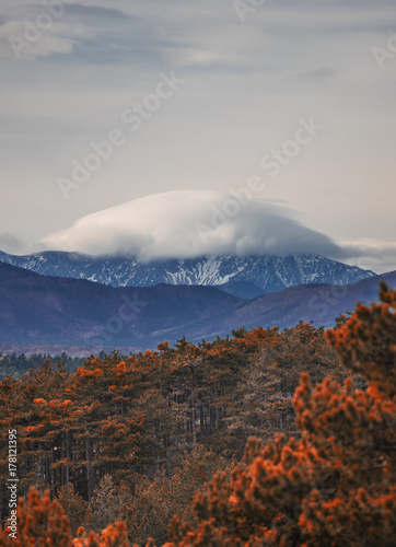 big mountain covered with snow and clouds .Autumn forest in foreground