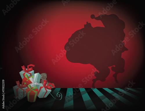 Christmas background with sneaky cartoon Santa Claus shadow tiptoeing away fro stack of gifts. EPS 10 vector illustration.
