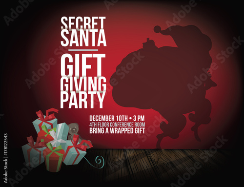 Secret Santa party invitation background with sneaky cartoon Santa Claus shadow tiptoeing away fro stack of gifts. EPS 10 vector illustration.