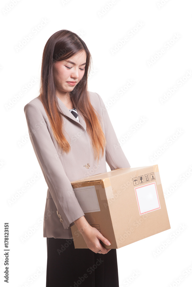 Young Asian working woman with shipping box. Young Asian working woman with shipping box.