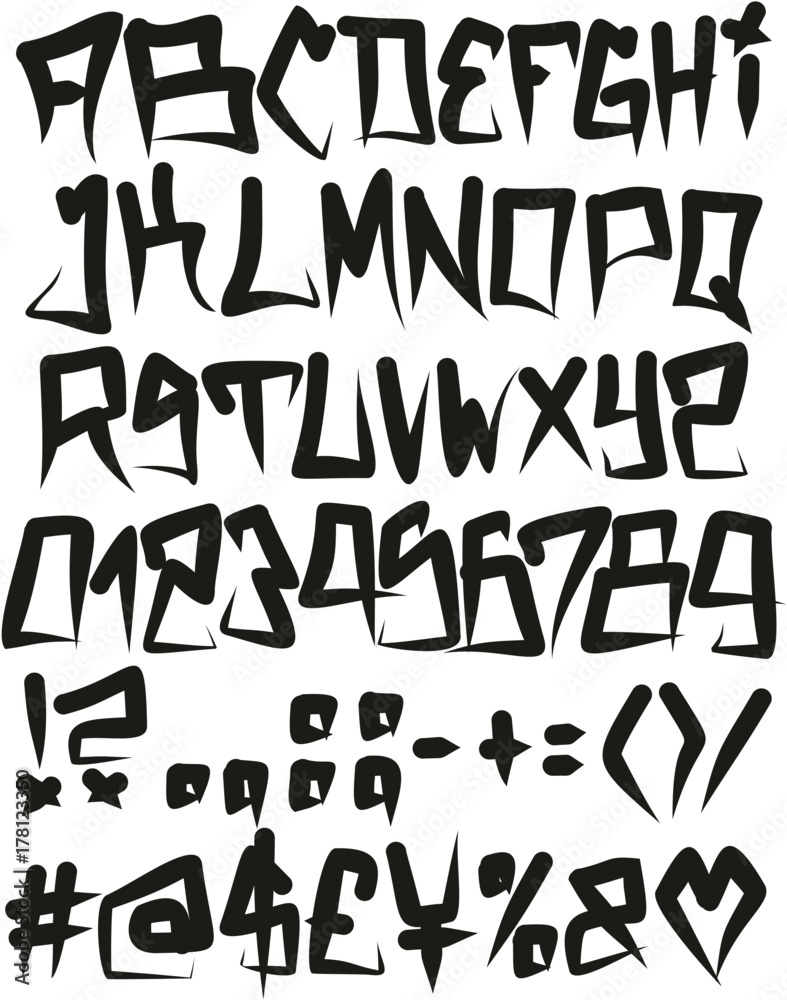 Horror Graffiti Fat Cap Freehand Vector Font with Uppercase Letters, Numbers & Signs - obrazy, fototapety, plakaty 