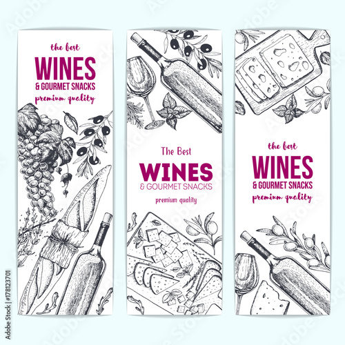 Wines and gourmet snacks banner collection. Gourmet food set vector illustration. Local wines and gourmet snacks shop design template.