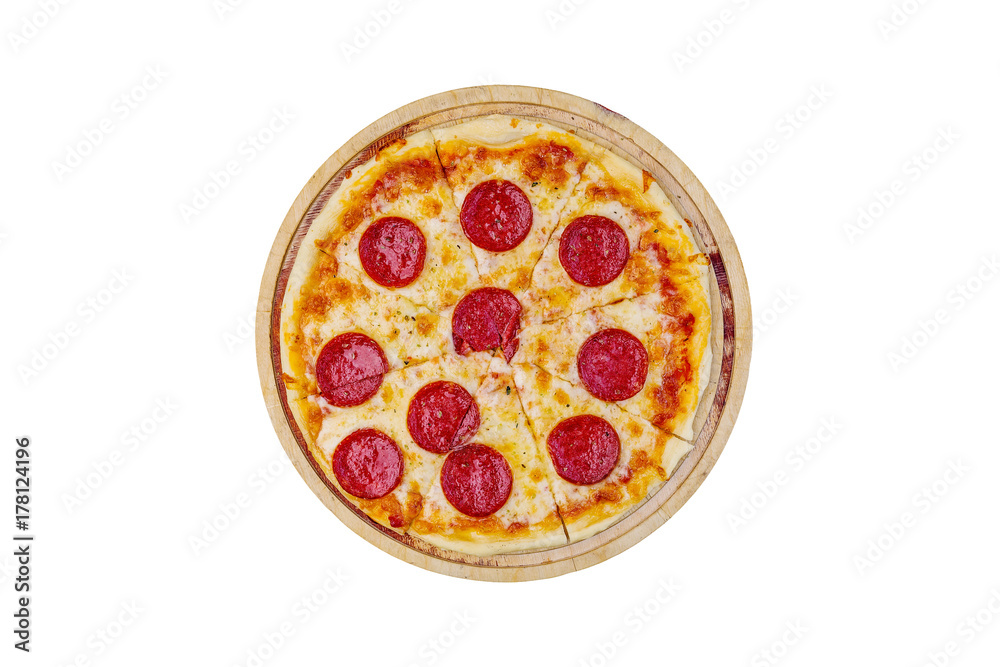 Classic pepperoni pizzai on a wooden stand isolated on a white background. Top view Classic pepperoni pizzai on a wooden stand isolated on a white background. Top view