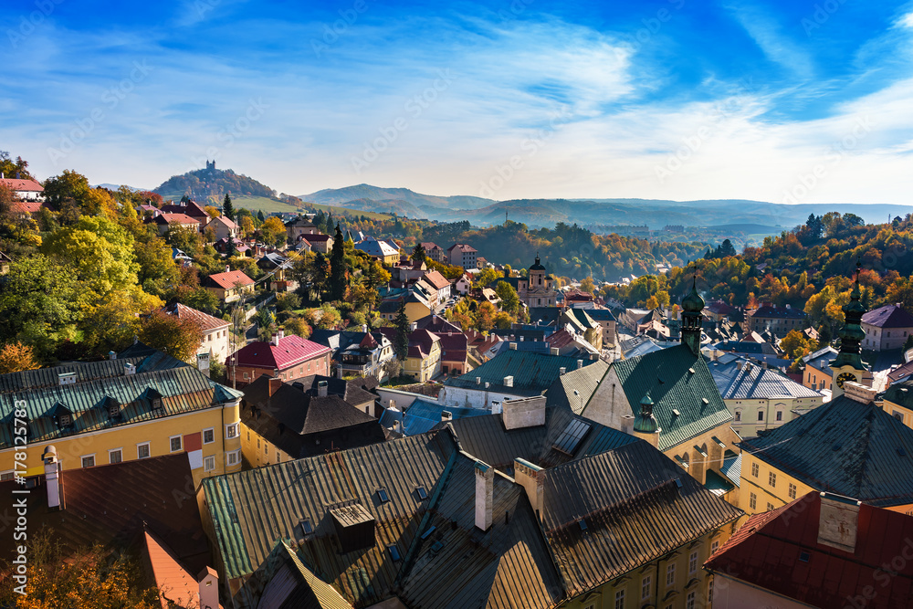 Autumn in old town with historical buildings in Banska Stiavnica, Slovakia, UNESCO - obrazy, fototapety, plakaty 