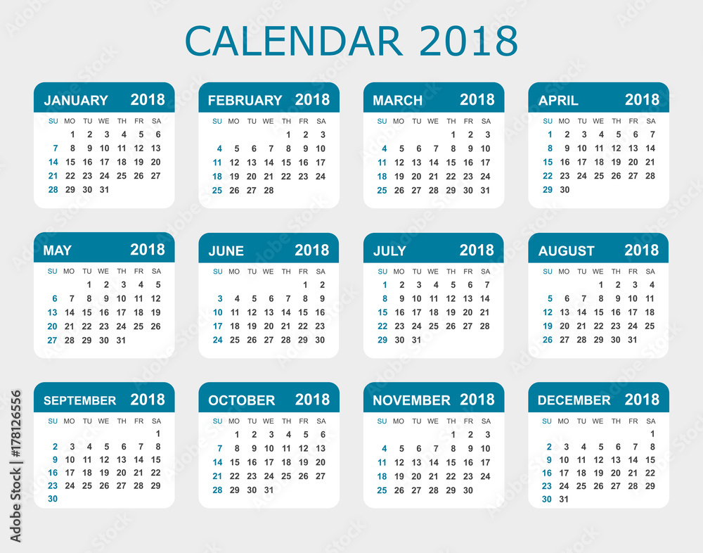 Calendar 2018 year in simple style. Calendar planner design template. Week starts on Sunday. Business vector illustration. Calendar 2018 year in simple style. Calendar planner design template. Week starts on Sunday. Business vector illustration.