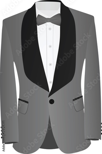 Grey and black suit with white shirt and grey bow tie. vector illustration