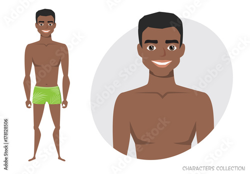 Stylish young black african american man in a beach swimming trunks.