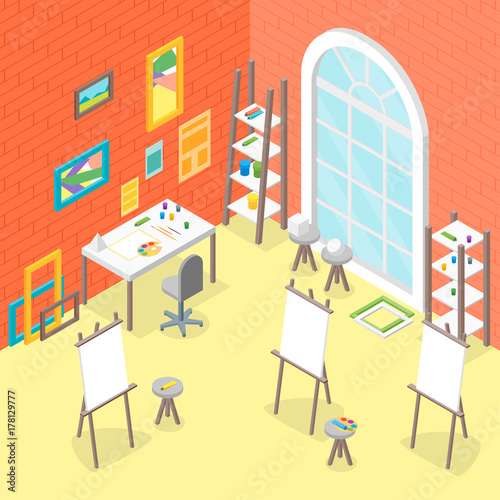 Artist Workplace Interior with Furniture Isometric View. Vector