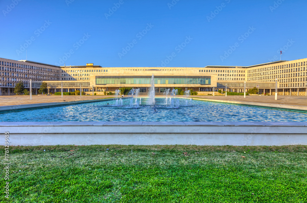 Great fountain in front of the monumental building of the Palace of Serbia, HDR image.