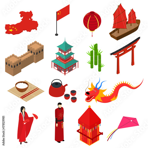 China Touristic Symbols Isometric View. Vector