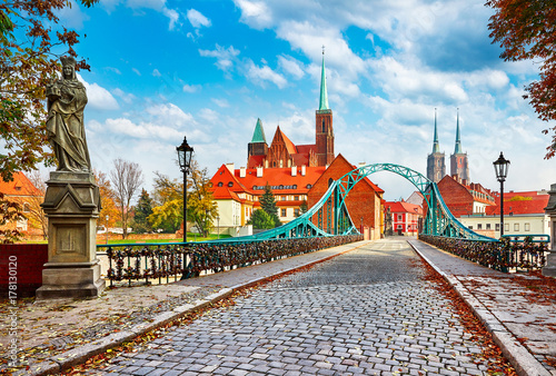 Cathedral Island in Wroclaw Poland green bridge with view photo